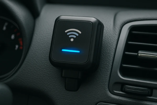 Dispositivo de monitoramento instalado no painel do carro mostrando tecnologia do seguro pay per use em 2026.