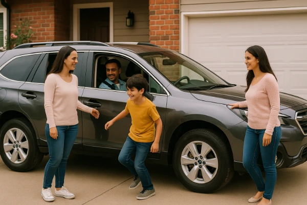 Seguro pay per use em 2026 com família saindo para um passeio de carro, mostrando uso moderado do veículo e segurança.