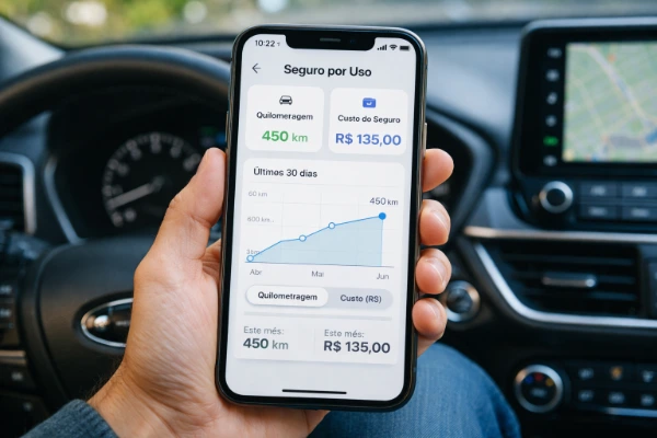Seguro pay per use em 2026 mostrado na tela do smartphone com gráfico de quilometragem e custo do seguro.