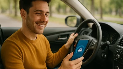 Seguro Pay per Use em 2026. Homem sorrindo dentro do carro enquanto usa aplicativo de seguro auto no celular.
