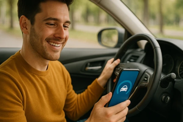 Seguro Pay per Use em 2026. Homem sorrindo dentro do carro enquanto usa aplicativo de seguro auto no celular.
