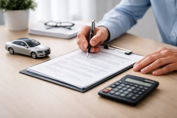 Análise de seguro de carro com franquia alta usando documento, calculadora e miniatura de veículo