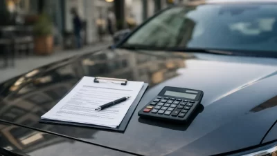 Seguro de carro barato com franquia alta sendo analisado com calculadora e documento sobre o capô de um carro