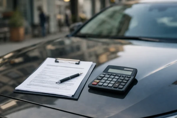 Seguro de carro barato com franquia alta sendo analisado com calculadora e documento sobre o capô de um carro