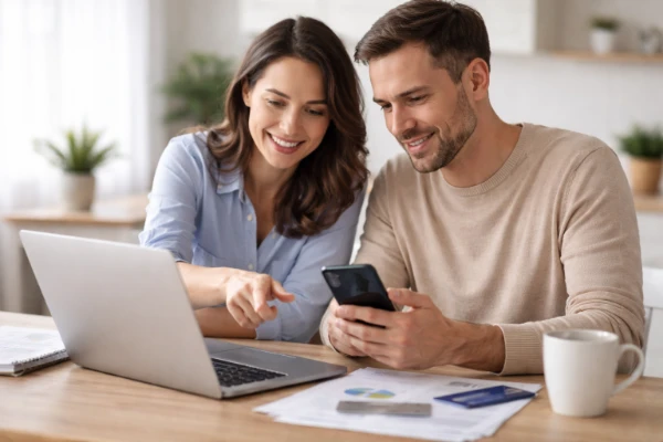 Casal analisando no notebook e celular como usar o seguro contra fraude em 2026 sem cair em armadilhas financeiras