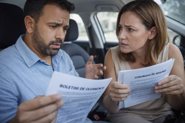 Casal analisando contrato de seguro após sinistro para evitar negativa em 2026