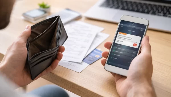 Homem analisando carteira vazia e alerta de transação suspeita em celular sobre seguro contra fraude em 2026