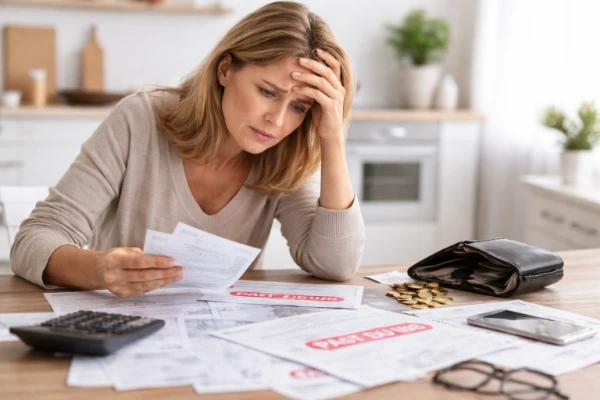 Mulher preocupada analisando contas atrasadas e prejuízos causados por golpes financeiros em 2026