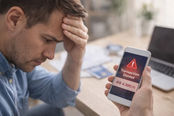 Homem preocupado ao ver prejuízo financeiro no celular após confiar cegamente em seguro contra fraude em 2026