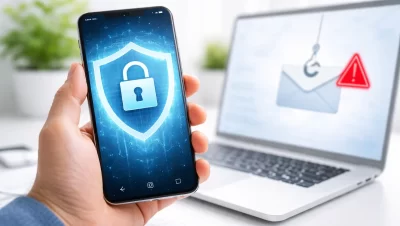Pessoa segurando celular com símbolo de proteção representando seguro digital contra golpes em 2026