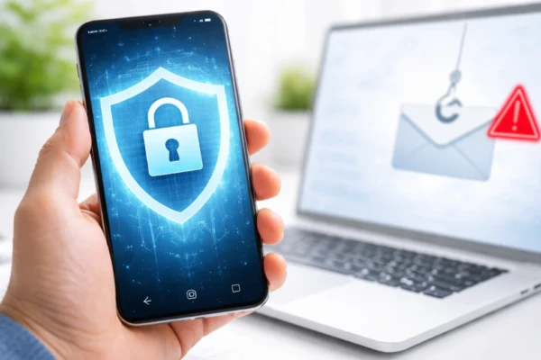 Pessoa segurando celular com símbolo de proteção representando seguro digital contra golpes em 2026