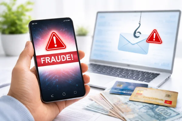 Celular exibindo alerta de fraude com notebook e documentos ao fundo representando golpes digitais no Brasil em 2026