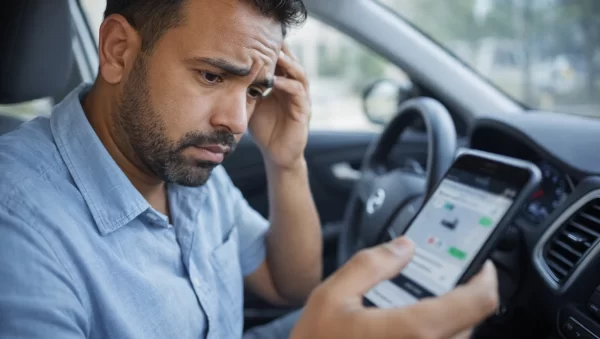 Seguro para motorista de aplicativo em 2026 Motorista de aplicativo preocupado olhando o celular sobre risco de ficar sem indenização em 2026