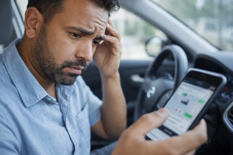 Seguro para motorista de aplicativo em 2026 Motorista de aplicativo preocupado olhando o celular sobre risco de ficar sem indenização em 2026