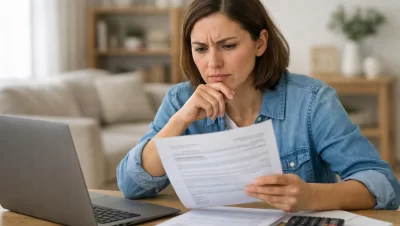 Mulher analisando contrato de seguro prestamista em 2026 com calculadora e notebook