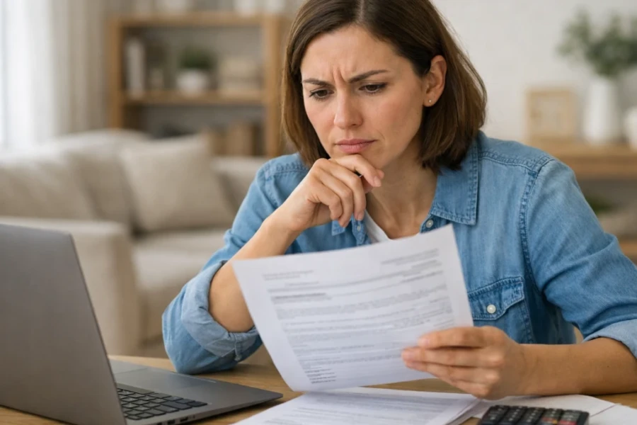 Mulher analisando contrato de seguro prestamista em 2026 com calculadora e notebook