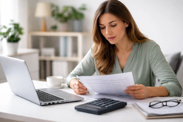 Mulher analisando contrato de seguro prestamista em 2026 com calculadora e notebook