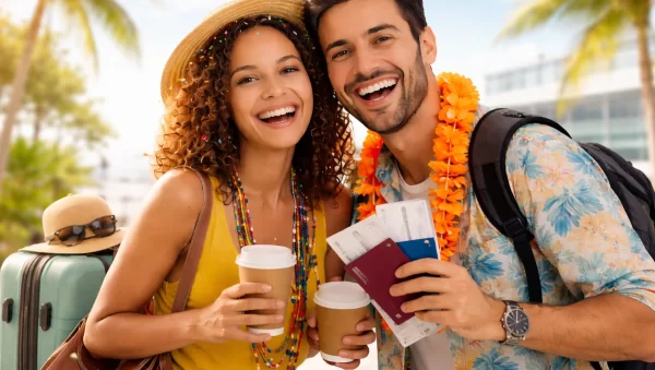 Seguro Viagem no Carnaval 2026 com casal sorrindo no aeroporto antes do embarque