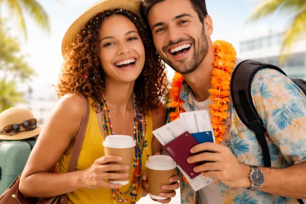 Seguro Viagem no Carnaval 2026 com casal sorrindo no aeroporto antes do embarque