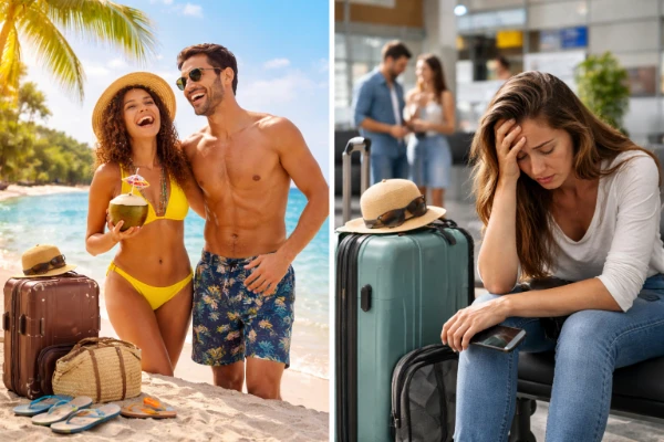 Seguro Viagem no Carnaval 2026 mostrando contraste entre viagem tranquila e situação de imprevisto financeiro