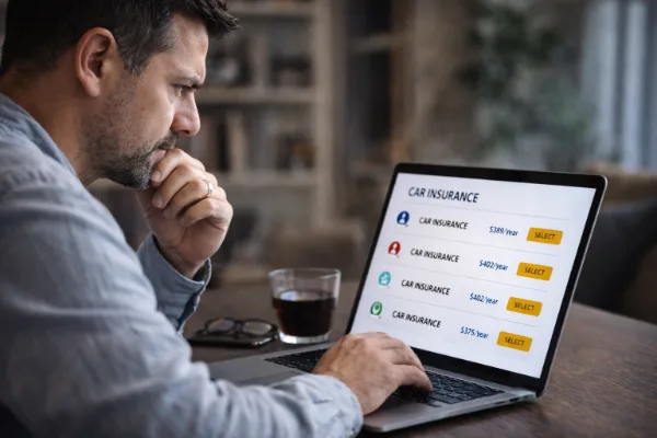 Pessoa comparando preços de seguro auto no notebook em busca de seguro auto barato