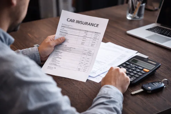 Motorista analisando seguro auto com calculadora e documentos buscando seguro auto barato