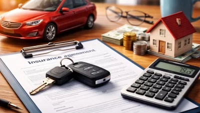 simulação de seguro auto para carro financiado com contrato, chave do carro e calculadora sobre a mesa