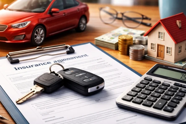 simulação de seguro auto para carro financiado com contrato, chave do carro e calculadora sobre a mesa