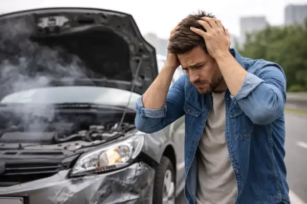 vale a pena andar sem seguro em 2026 homem desesperado com carro quebrado soltando fumaça após problema