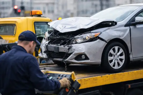 vale a pena andar sem seguro em 2026, carro batido sendo levado por guincho após acidente