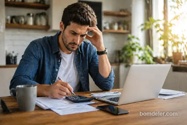 quanto custa ficar sem seguro em 2026 homem calculando prejuízo financeiro em casa com calculadora