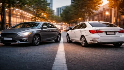 dois carros em rua urbana comparando seguro completo ou só terceiros em 2026 com um veículo intacto e outro com dano leve