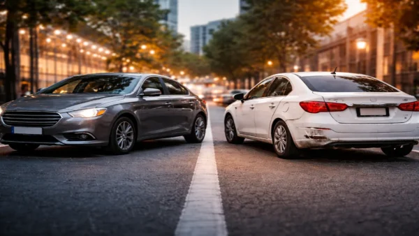 dois carros em rua urbana comparando seguro completo ou só terceiros em 2026 com um veículo intacto e outro com dano leve