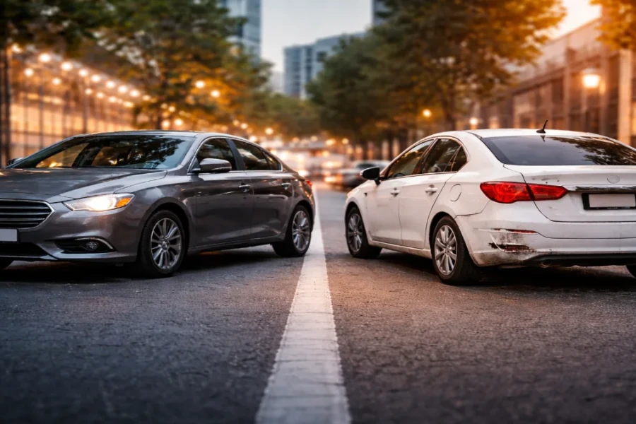 dois carros em rua urbana comparando seguro completo ou só terceiros em 2026 com um veículo intacto e outro com dano leve