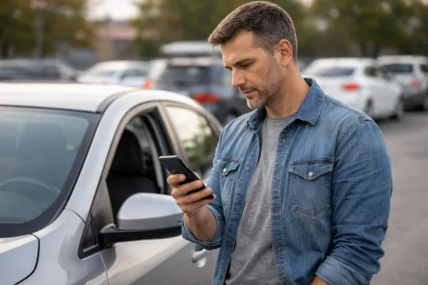 motorista analisando seguro completo ou só terceiros em 2026 pelo celular ao lado do carro