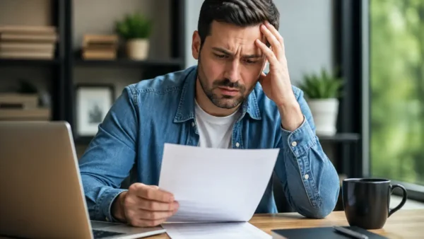 homem preocupado analisando documento após possível seguro negado em 2026