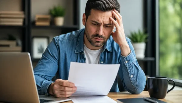 homem preocupado analisando documento após possível seguro negado em 2026