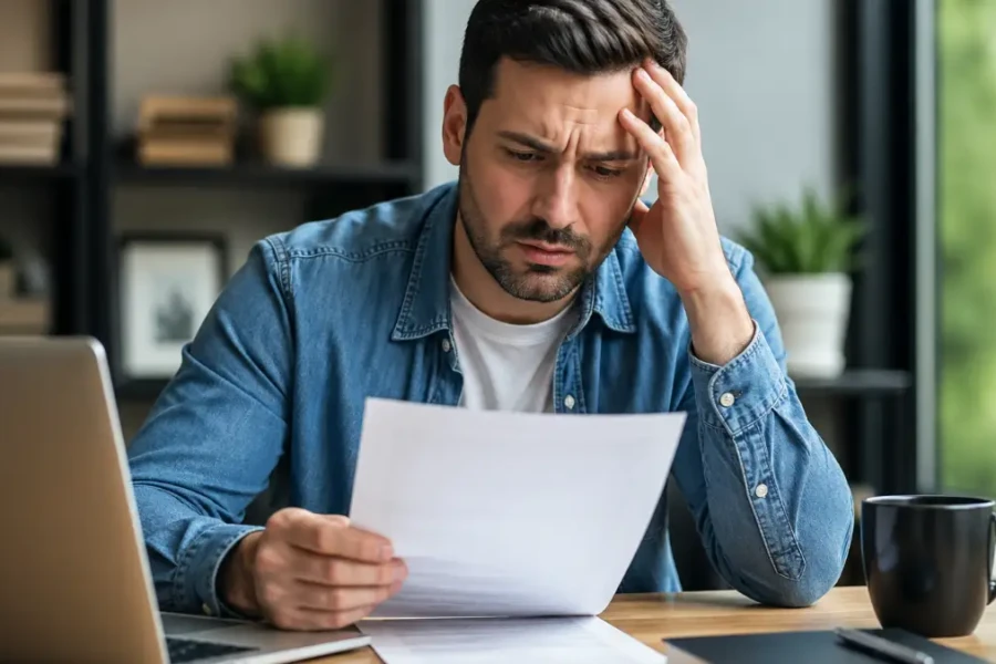 homem preocupado analisando documento após possível seguro negado em 2026