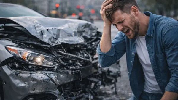 homem desesperado após acidente de carro sem seguro em 2026 avaliando prejuízo