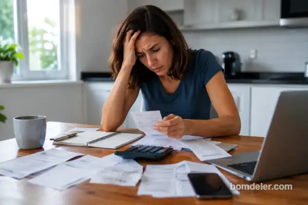 mulher preocupada com dívidas e desespero financeiro analisando contas em 2026