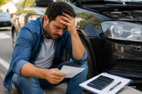 O Desespero Financeiro Que Muitos Motoristas Estão Vivendo em 2026 com motorista preocupado após acidente leve e altos custos de reparo automotivo