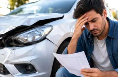 Motorista analisando prejuízo após acidente e risco de gastar milhares após uma batida em 2026