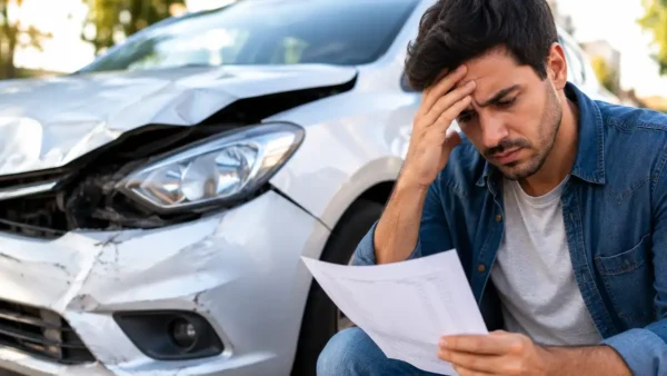 Motorista analisando prejuízo após acidente e risco de gastar milhares após uma batida em 2026