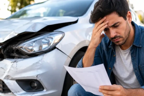Motorista analisando prejuízo após acidente e risco de gastar milhares após uma batida em 2026