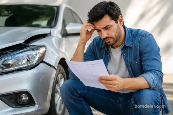 Motorista analisando orçamento após acidente e risco de gastar milhares após uma batida em 2026