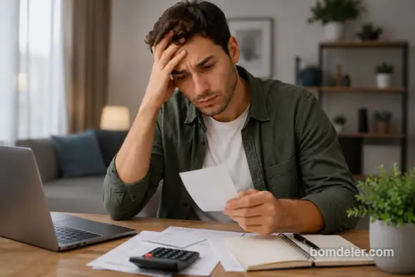 Homem preocupado analisando contas e dificuldades financeiras causadas pelo nome sujo em 2026