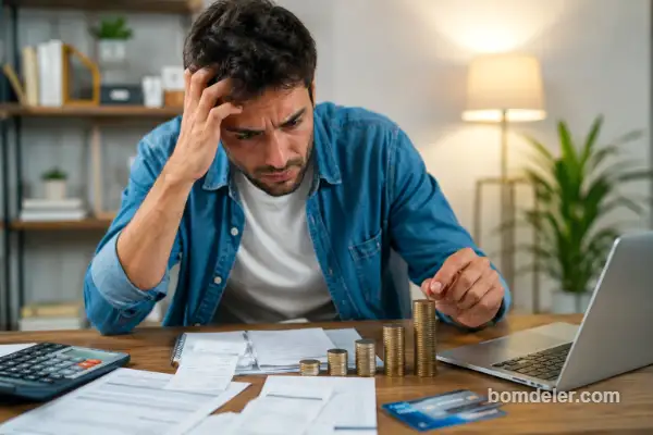 homem preocupado vendo dívida crescer com juros altos e contas acumuladas em 2026