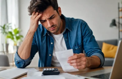 homem preocupado com dívidas e nome sujo em 2026 analisando contas e juros altos