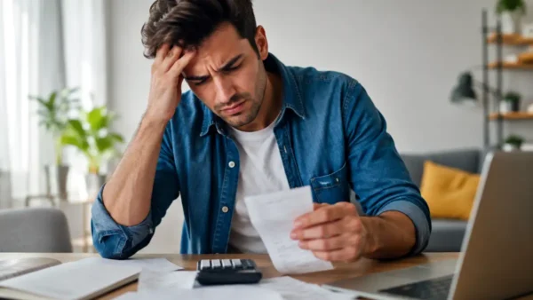 homem preocupado com dívidas e nome sujo em 2026 analisando contas e juros altos
