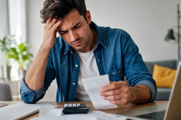 homem preocupado com dívidas e nome sujo em 2026 analisando contas e juros altos